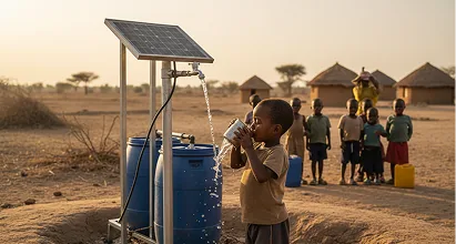 Child drinking from a solar-powered water station in a dry landscape